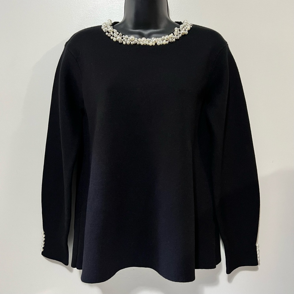 Angel Eye London Sweater Size Large Black Chic Pearl Beaded Neckline Pullover